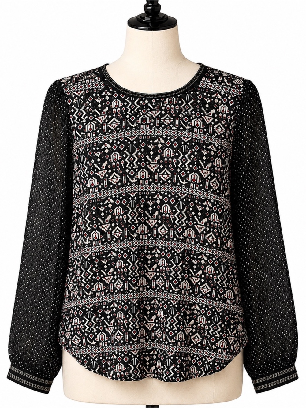 Maison Scotch Sheer Geometric Print Boho Blouse Black White Size 1 S M Top